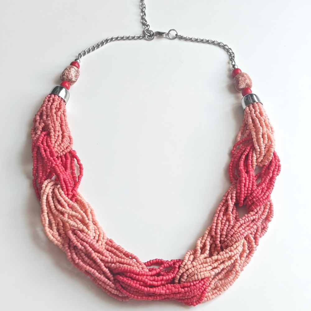 Chunky Braided Multi Strand Seed Bead Statement Necklace Coral Peach Pink Beachy